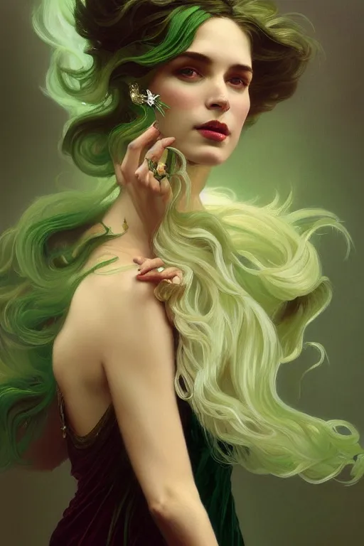 Image similar to highly detailed oil painting, ombre velvet gown, beautiful elegant dryad, beautiful face by leyendecker, feathers, long hair, muted green, dozens of jeweled necklaces, by greg rutkowski, brom, anato finnstark, alphonse mucha, cinematic lighting