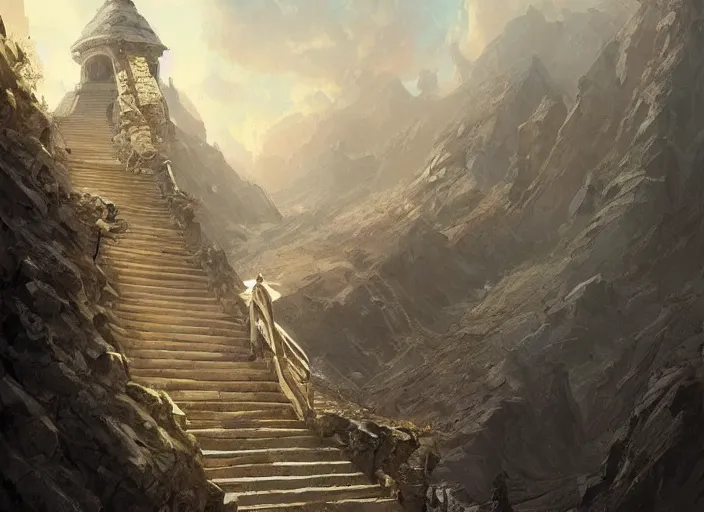 Image similar to A stairway to heaven, a fantasy digital painting by Greg Rutkowski and James Gurney, trending on Artstation, highly detailed