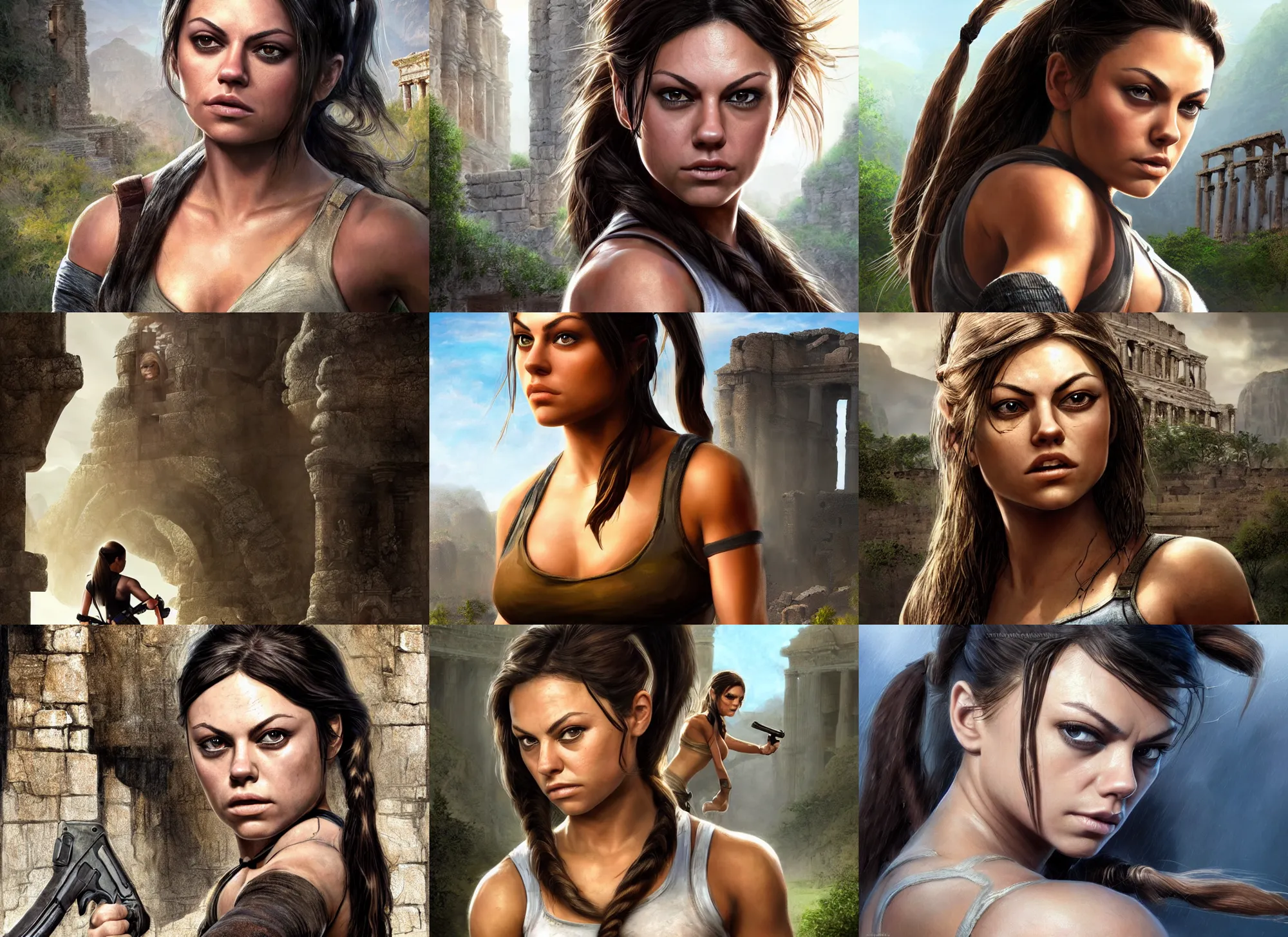 Image similar to face portrait of concentrated young Mila Kunis as muscled Lara Croft with pigtails hair stepping out epic ancient ruins directly looking into the camera, sun beams, intricate, elegant, highly detailed, centered, crispy sharp digital painting, artstation, concept art, smooth, sharp focus, illustration, Allan Lee, John Howe