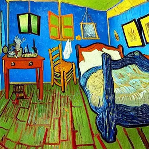 Image similar to a cozy bedroom interior with wall murals painted by van gogh, detailed, high resolution, wow!, intricate