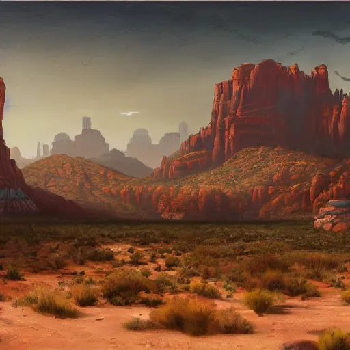 Image similar to a matte painting of the sci - fi wild west sedona, oil painting, pale colors, high detail, 8 k, wide angle, trending on artstation,