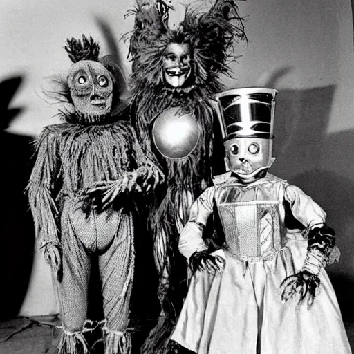 Image similar to the character tik - tok from return to oz ( 1 9 8 5 ) standing next to the characters scarecrow and tinman from the wizard of oz ( 1 9 3 9 ), behind the scenes set photo