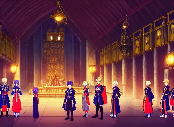 Prompt: key anime visual portrait of a castle's main hall interior with throne, servants, nobles, designed by mika pikazo, dynamic pose, dynamic perspective and angle, cinematic, film grain, detailed, intricate, at night, dramatic lighting, colorful, vivid