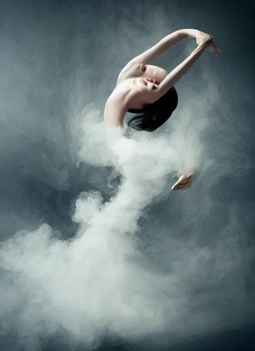 Image similar to a photorealistic dramatic hyperrealistic render of a glamorous beautifulanime in bikini dancer by ken brower and deborah ory of nyc dance project, lois greenfield, flowing cloth and smoke, beautiful dynamic dramatic dark moody lighting, volumetric, shadows, cinematic atmosphere, octane render, 8 k