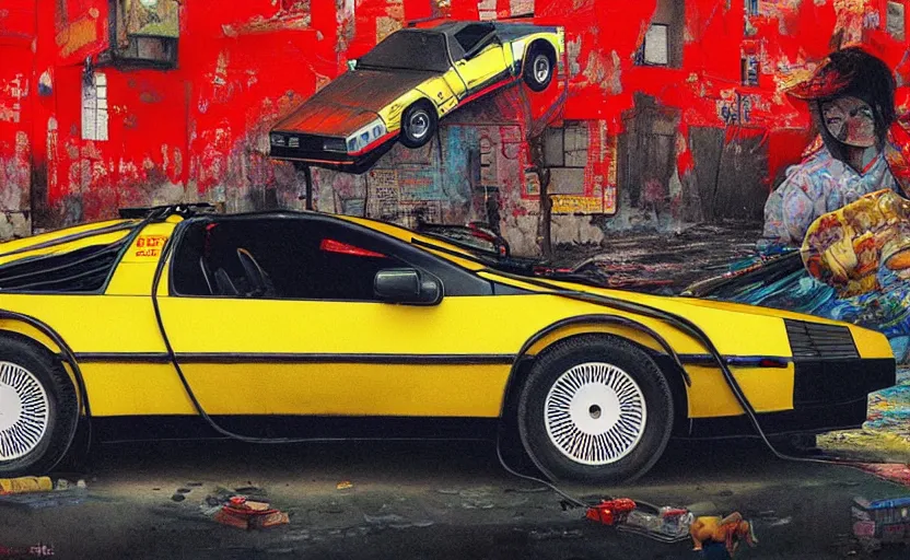 Prompt: a red and yellow delorean in ajegunle slums of lagos in nigeria, painting by hsiao - ron cheng & salvador dali, magazine collage & ukiyo - e style, masterpiece.
