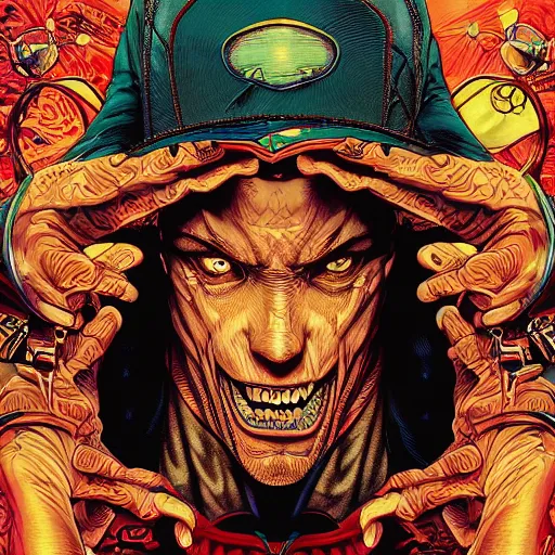 Image similar to portrait of crazy eminem, symmetrical, by yoichi hatakenaka, masamune shirow, josan gonzales and dan mumford, ayami kojima, takato yamamoto, barclay shaw, karol bak, yukito kishiro