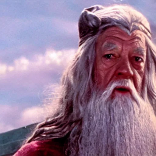 Image similar to gandalf with a pink bowtie on his head, movie still from Lord of the Rings