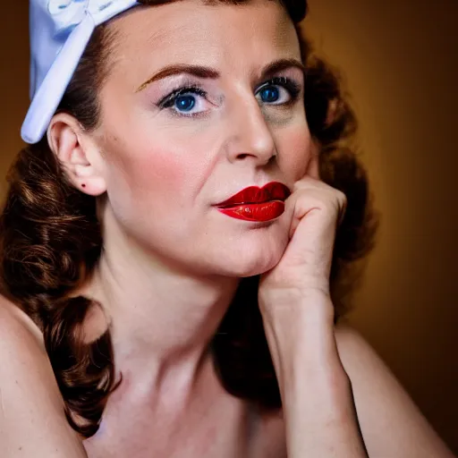 Prompt: female Emmanuel Macron dressed as a 1950 pinup woman, 50mm photography, high quality, 4K