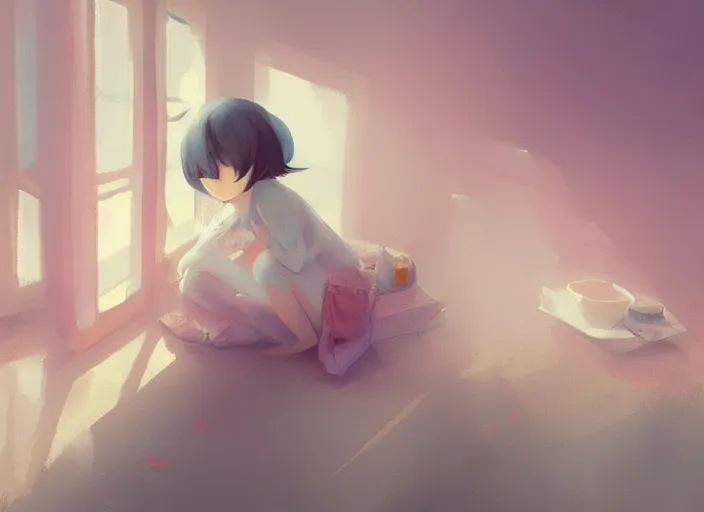 Image similar to placid pastel morning cute cluttered painterly fluffy tiny cramped dusty attic, slanted ceiling, tiny space, particulate, trending on pixiv