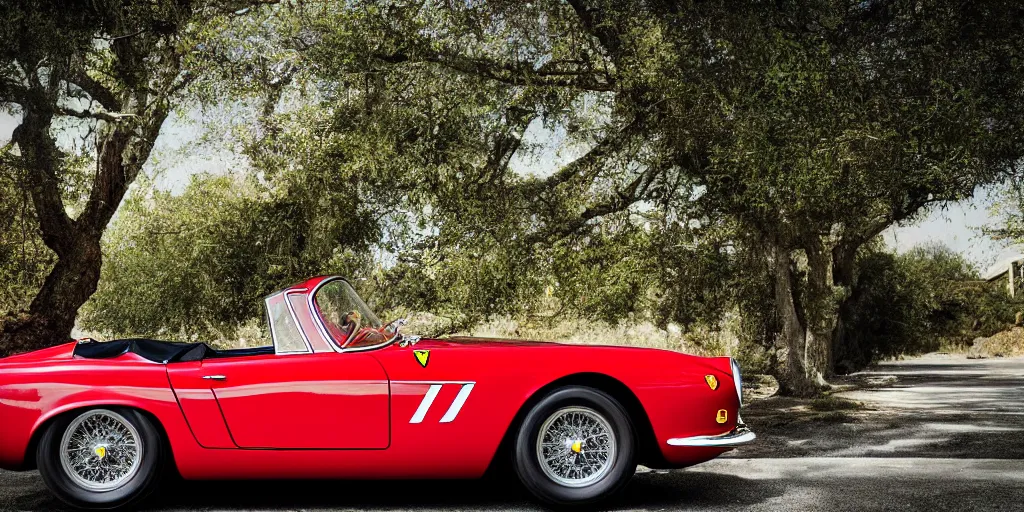 Prompt: photograph, 1958 FERRARI 250 GT, cabriolet, by Peter Singhof, press release, cinematic, PCH, 8k, depth of field, bokeh. rule of thirds