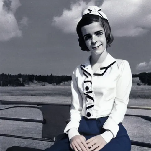 Image similar to emma watson, flight attendant 1 9 6 0 s, award winning, kodak ektachrome expired blue tint,