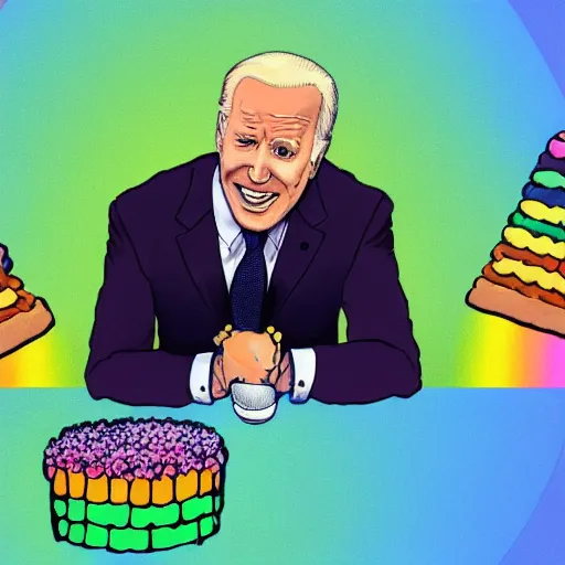 Image similar to obese joe biden eating rainbowcake