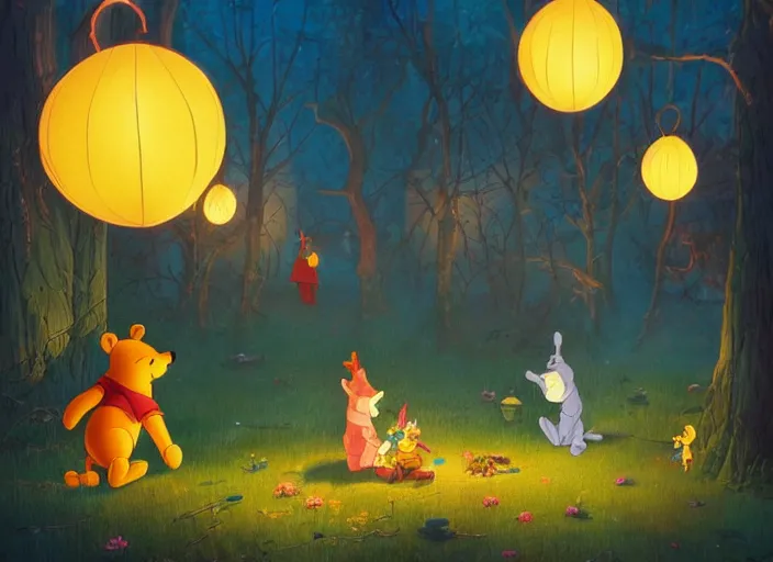 Image similar to concept art of a birthday party at night with winnie the pooh characters in the woods, paper lanterns and fairy lights, cel shaded, in the style of makoto shinkai and moebius and peter mohrbacher and anton fadeev