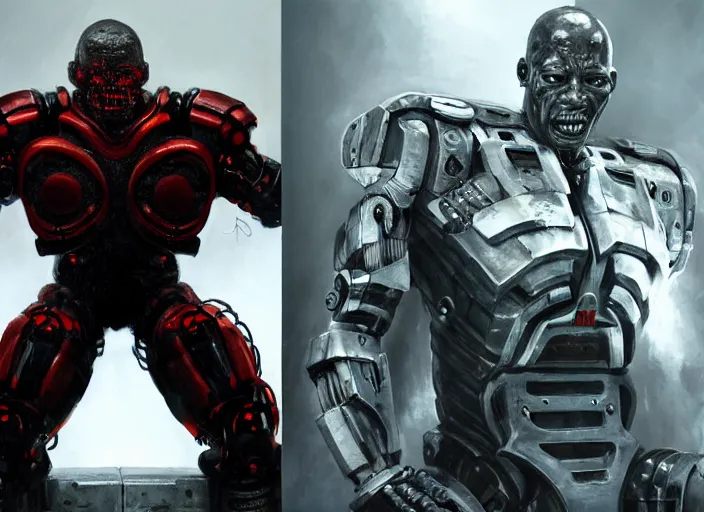 Prompt: tommy lister jr. as victor stone, full body concept, cyborg, borg, strogg, face of a man, terminator, flesh, quake strogg, doom demon, wolfenstein, monstrous, powerful, symmetry, symmetrical, concept art by ruan jia and greg rutkowski