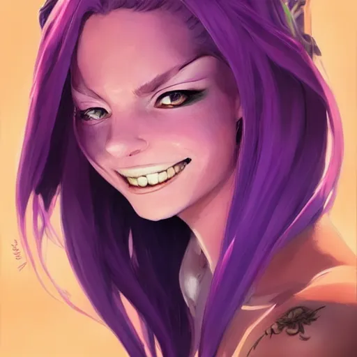 Image similar to beautiful female purple hair tattoo symmetrical face smiling stunning eyes full length fantasy art icon, 2d art cover , official fanart behance hd artstation by Jesper Ejsing, by RHADS, Makoto Shinkai and Lois van baarle, ilya kuvshinov, rossdraws