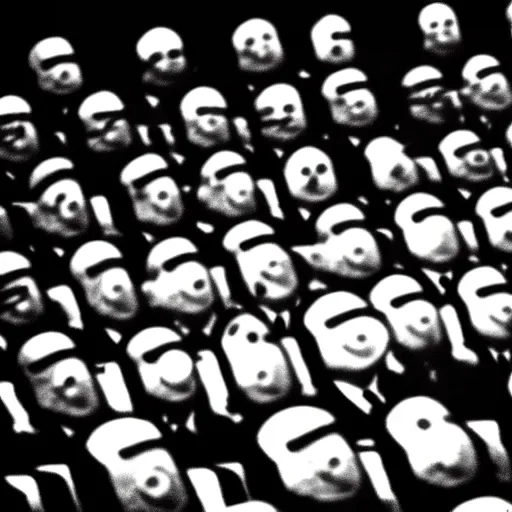 Image similar to The minions minions minions at the Nuremberg trials, monochrome, very low contrast, noise