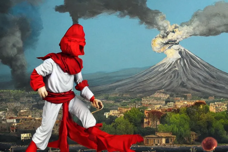 Prompt: a highly detailed pulcinella!!! from naples with pizza in foreground, volcano in the background with smoke, fire and lava, full body, wide angle, an ultrafine detailed painting by rivorio mok, post - apocalyptic vibe, trending on deviantart, whimsical, lowbrow, perfect symmetrical face, sharp focus, octane, masterpiece