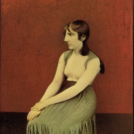 Prompt: a lonely girl in an empty room, colored daguerreotype, by Mackintosh, by Max Ernst, art noveau, Baroque wallpaper pastel colors,