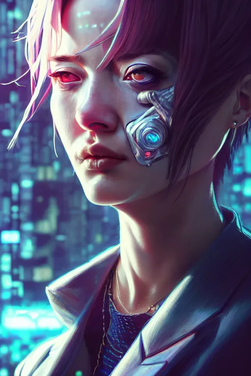 Image similar to hyperdetailed close portrait of a european woman in a worn out suit in a cyberpunk city inspired by ross tran and wlop and masamune shirow and kuvshinov, concept art, intricate, photorealistic, octane render, rtx, hdr, unreal engine, dnd digital art by artgerm