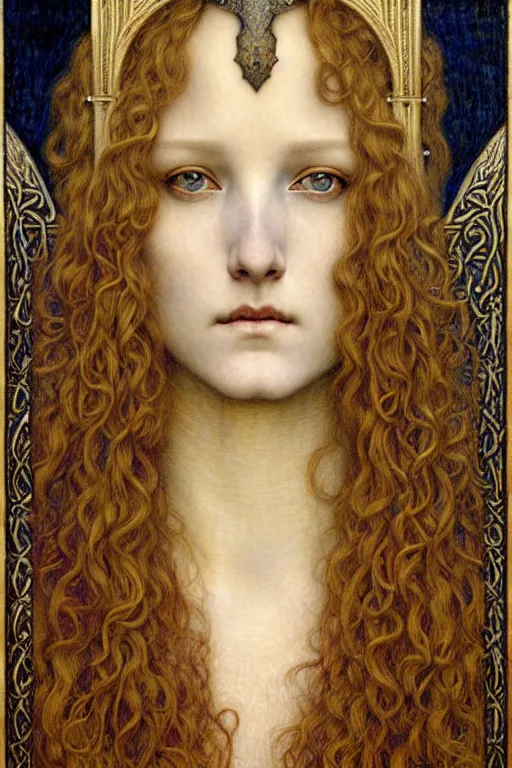 Image similar to detailed realistic beautiful young medieval queen face portrait by jean delville, gustave dore and marco mazzoni, art nouveau, symbolist, visionary, gothic, pre - raphaelite. horizontal symmetry