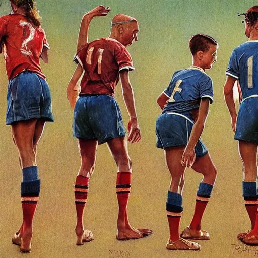 Prompt: Norman Rockwell painting of kangaroos wearing soccer uniforms, concept art, artstation, 4k