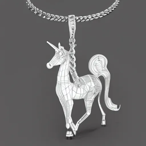 Prompt: a silver unicorn necklace pendant, 3 d rendering, in the style of pandora, tiffany, swarovski, van cleef & arpels, cartier, boucheron, bulgari, chaumet, elegant, noble, stylish