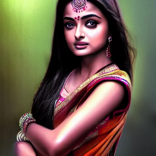 Prompt: beautiful Indian cute teen girl resembling Aishwarya Rai, beauty expressive pose, art by mark brooks, but as a real life photograph, natural skin tone HDR photorealism, cinematic lighting, 8k ultra high definition