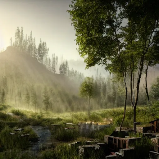 Image similar to ecovillage 🏢designed by olson kundig, day time, grand mountains and forest in the distance, farm and gardens, streams, white mist, sun in the sky, Cinematic, environment concept art, ethereal, ultra detailed, unreal engine style, cinematic light, trending in artstation, highly detailed, epic scene