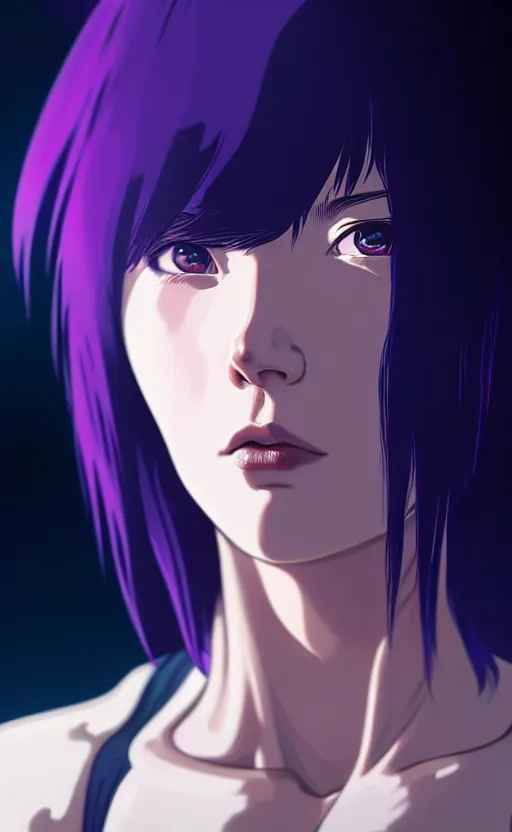 Image similar to a film still portrait of a motoko kusanagi ghost in the shell, finely detailed features : : gits sac twenty forty five netflix : : by ilya kuvshinov, rossdraws, artgerm, sola digital arts, production ig, volumetric lighting, anti aliasing, raytracing : :