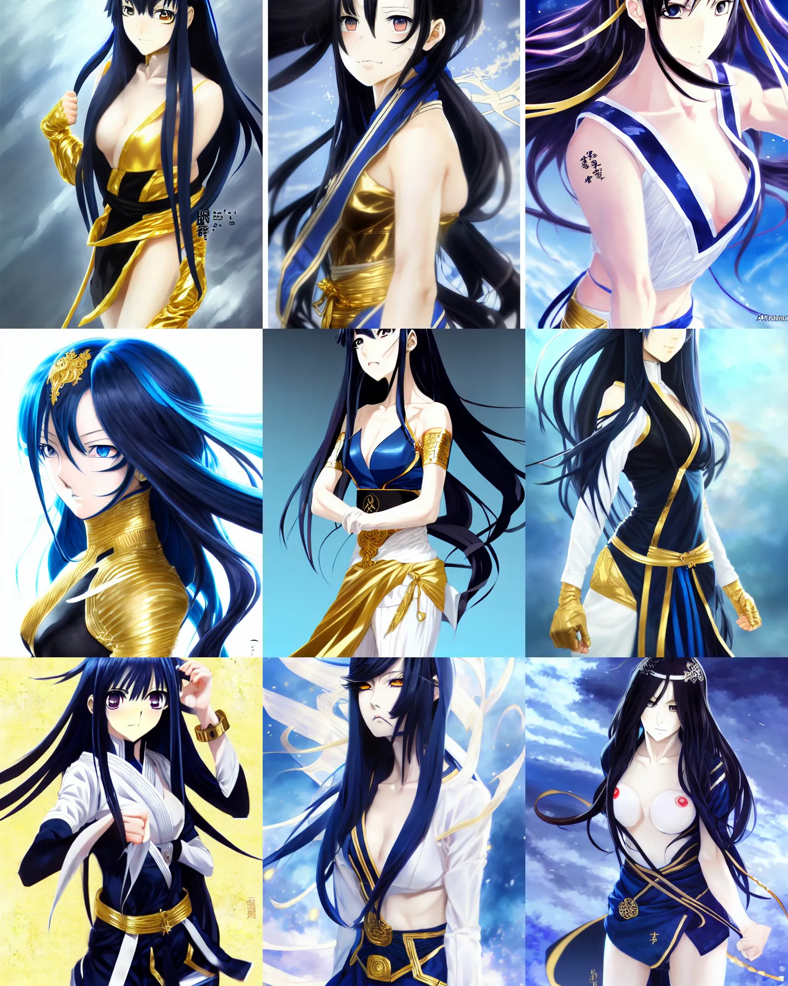 Prompt: anime character portrait of a female martial artist!! long black hair! blue eyes! fighting stance!! elegant, intricate outfit gold and white outfit! fine details by stanley artgerm lau, wlop, rossdraws, james jean, andrei riabovitchev, marc simonetti, and sakimichan, trembling on artstation