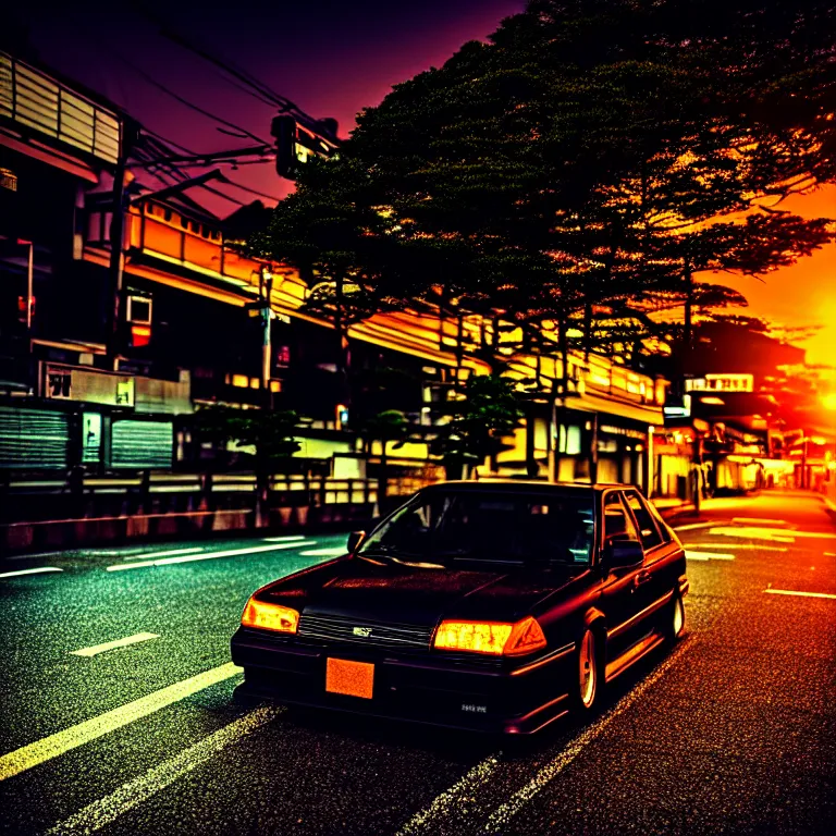 Image similar to close-up-photo JZX90 drift middle of street, sunset kanagawa prefecture, night, cinematic color, photorealistic, highly detailed,