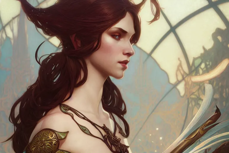 Image similar to the righteous female elf, deep focus, intricate, elegant, highly detailed, digital painting, artstation, concept art, matte, sharp focus, illustration, art by artgerm and greg rutkowski and alphonse mucha