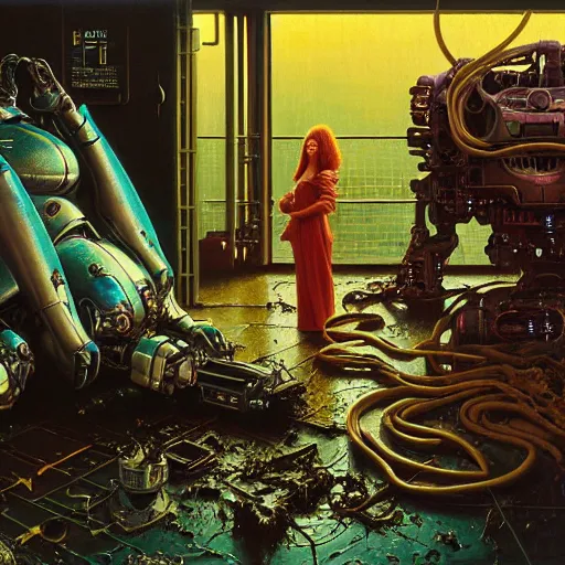 Prompt: cyborg eva green petting cat, cybertronic gadgets, dirty colours, rotten textures, rusty shapes, biotechnology, bao pnan, tim hildebrandt, wayne barlow, bruce pennington, donato giancola, larry elmore, oil on canvas, denoise, masterpiece, featured on pixiv, cinematic composition, hyper - detailed, hd, hdr