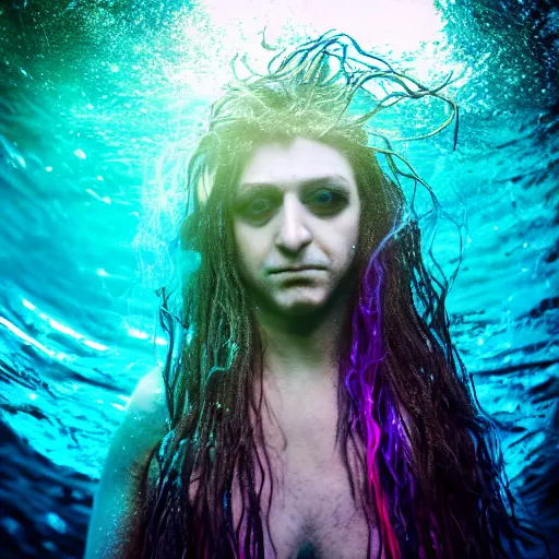 Prompt: Kevin Mitnick as a mermaid, grungy, unkept hair, glowing eyes, modelsociety, radiant skin, huge anime eyes, RTX on, perfect face, directed gaze, intricate, Sony a7R IV, symmetric balance, polarizing filter, Photolab, Lightroom, 4K, Dolby Vision, Photography Award