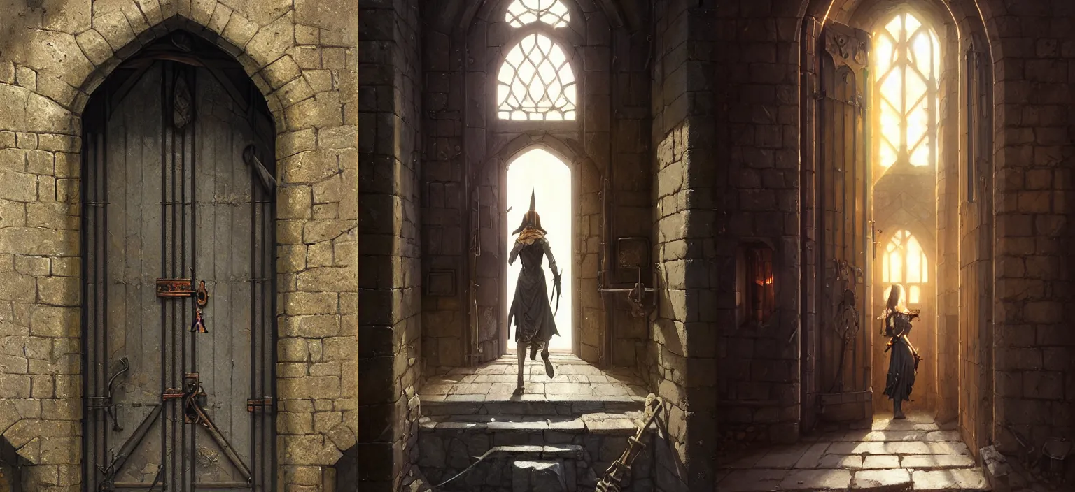 Prompt: medieval door with black steel bars, stephen bliss, unreal engine, fantasy art by greg rutkowski, loish, rhads, makoto shinkai and lois van baarle, ilya kuvshinov, rossdraws, tom bagshaw, global illumination, radiant light, detailed and intricate environment