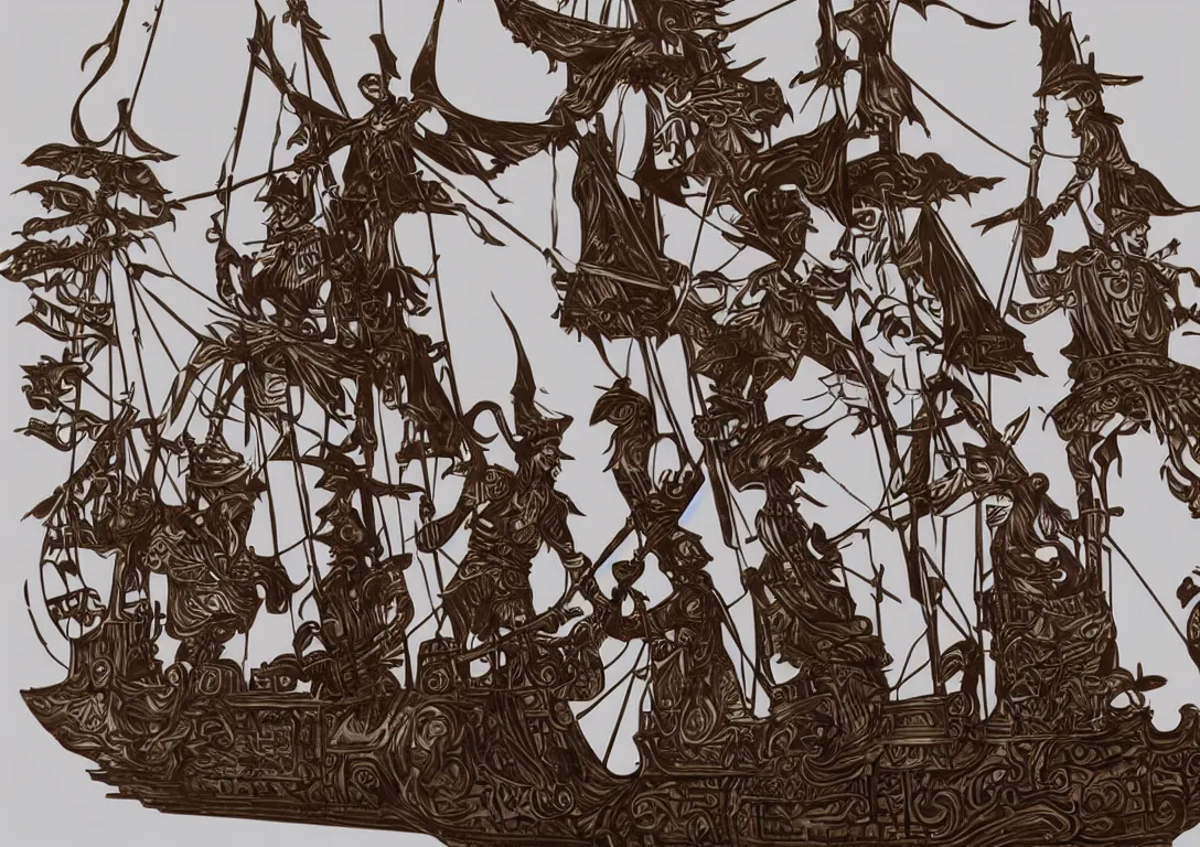 Prompt: a stylized cut paper sculpture of peter pan and captain hook sword fighting on a pirate ship