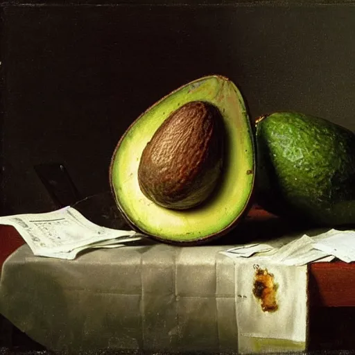 Prompt: still life by willem claesz heda, avocado toast, money