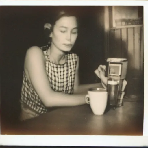 Prompt: a very beautiful old Polaroid picture of a young women drinking coffee inside a coffee shop, award winning photography