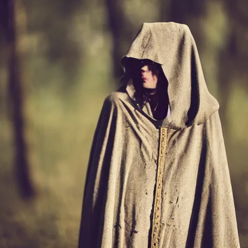 Prompt: medieval cloak wearing lizard human, photograph captured in the woods