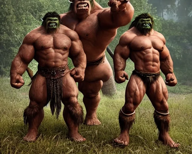 Image similar to hyper realistic group vintage photograph of a warrior orc tribe, tall, muscular, hulk like physique, sharp fangs and tusks, big arms, big hands, big feet, armored, tribal paint, highly detailed, 3 d render, unreal engine, octane render, cgi, vfx