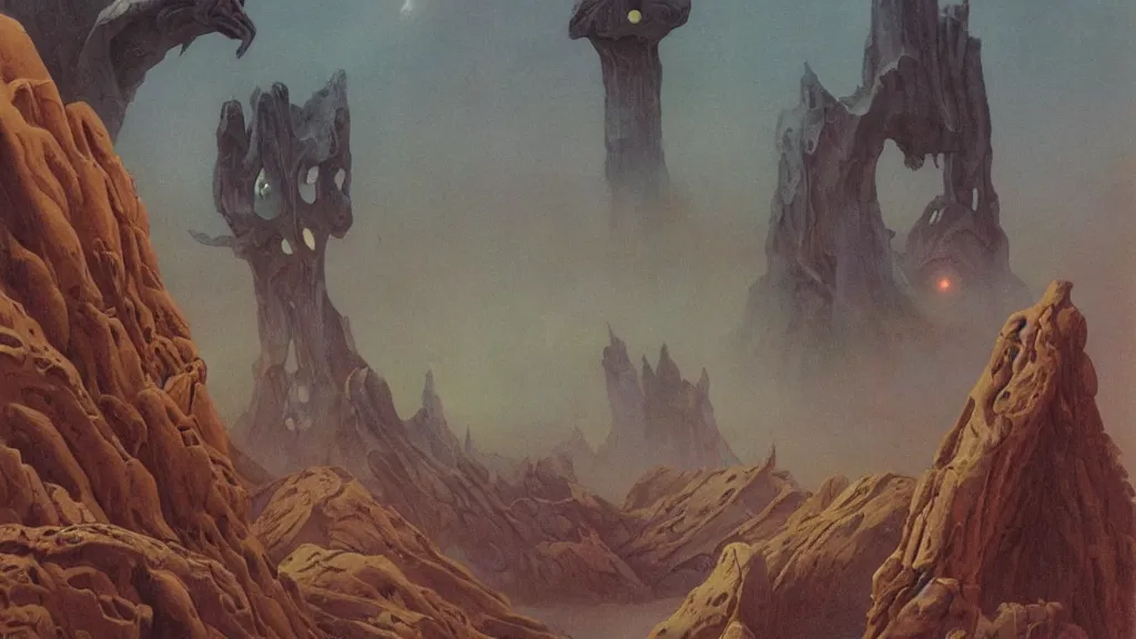 Image similar to eerie atmospheric evolving alien planet by gerald brom and vincent di fate, epic cinematic matte painting