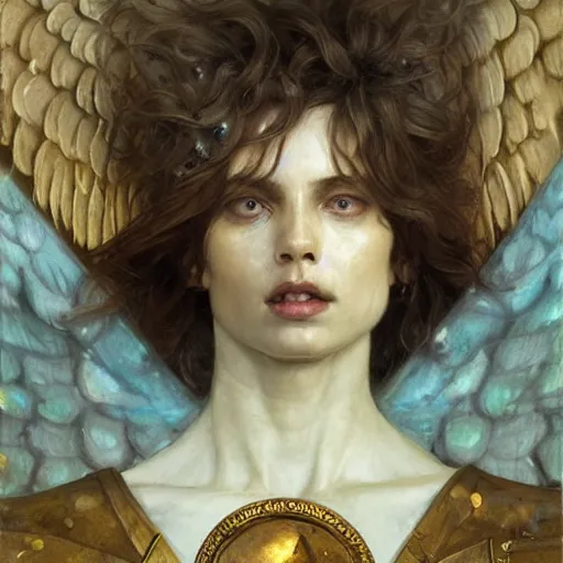 Prompt: angelic humanoid with wings on its back and an upside-down stone face holding a golden spear, oil painting, by Fernanda Suarez and and Edgar Maxence and greg rutkowski