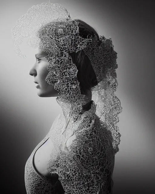 Image similar to a woman's face in profile, made of intricate delicate lace leaf, in the style of the dutch masters and gregory crewdson, dark and moody