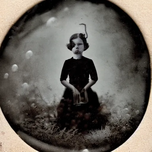 Image similar to tintype photo, underwater with bubbles, girl rides a octopus