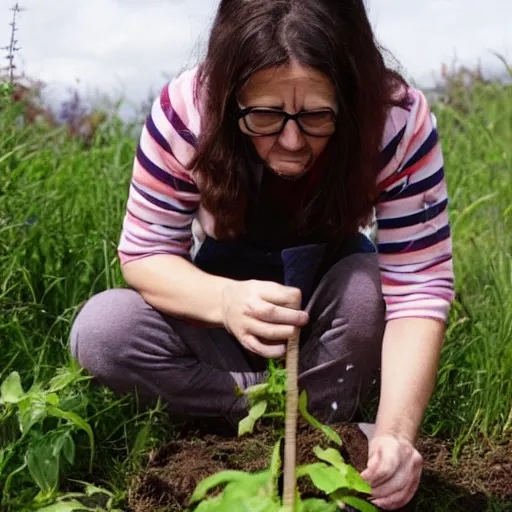 Image similar to a beautiful and mad canadian woman, on her knees, pulling weeds out frantically, some grey hair, stripey pants,