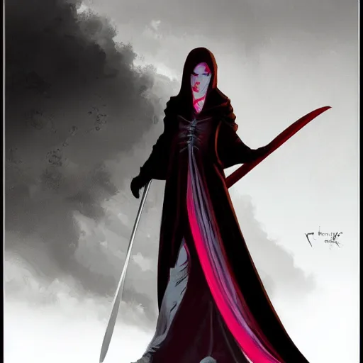 Prompt: beautiful Vampire with a cloak and scythe , 35mm lens,noir, vibrant high contrast, gradation, jean giraud, moebius, fantasy, rule of thirds, fibonacci, intricate, cel shaded, flat, matte print, smooth,artstation, soft eyes,concept art by Rodney Bars