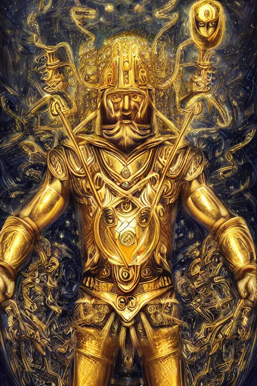 Prompt: mythological odin all father supreme God of thunder and artificial intelligence creating himself with an artificial neural network with gold synapses on an anvil, high resolution, award winning art, trending on art station, sharp image, incredibly detailed, detailed character realistic painting