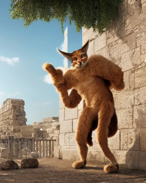 Image similar to fullbody photo of humanoid cute fluffy caracal dressed in toga, sun behind him, ancient greek city, sunny day, by ilya kuvshinov, rtx rendering, octane render 1 2 8 k, maya, extreme high intricate details by tom bagshaw, medium shot, composition by sana takeda, lighting by greg rutkowski