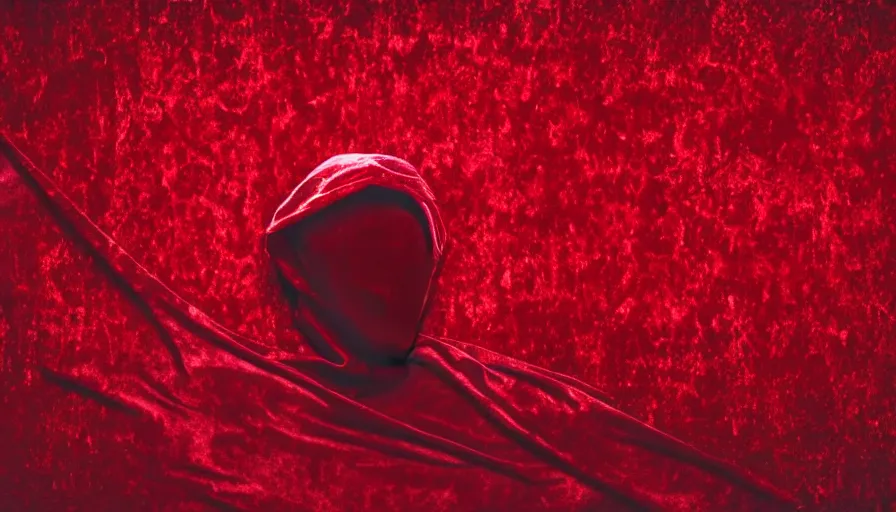 Image similar to rendering of invisible man wrapped in red velvet sheet. surrounded by darkness