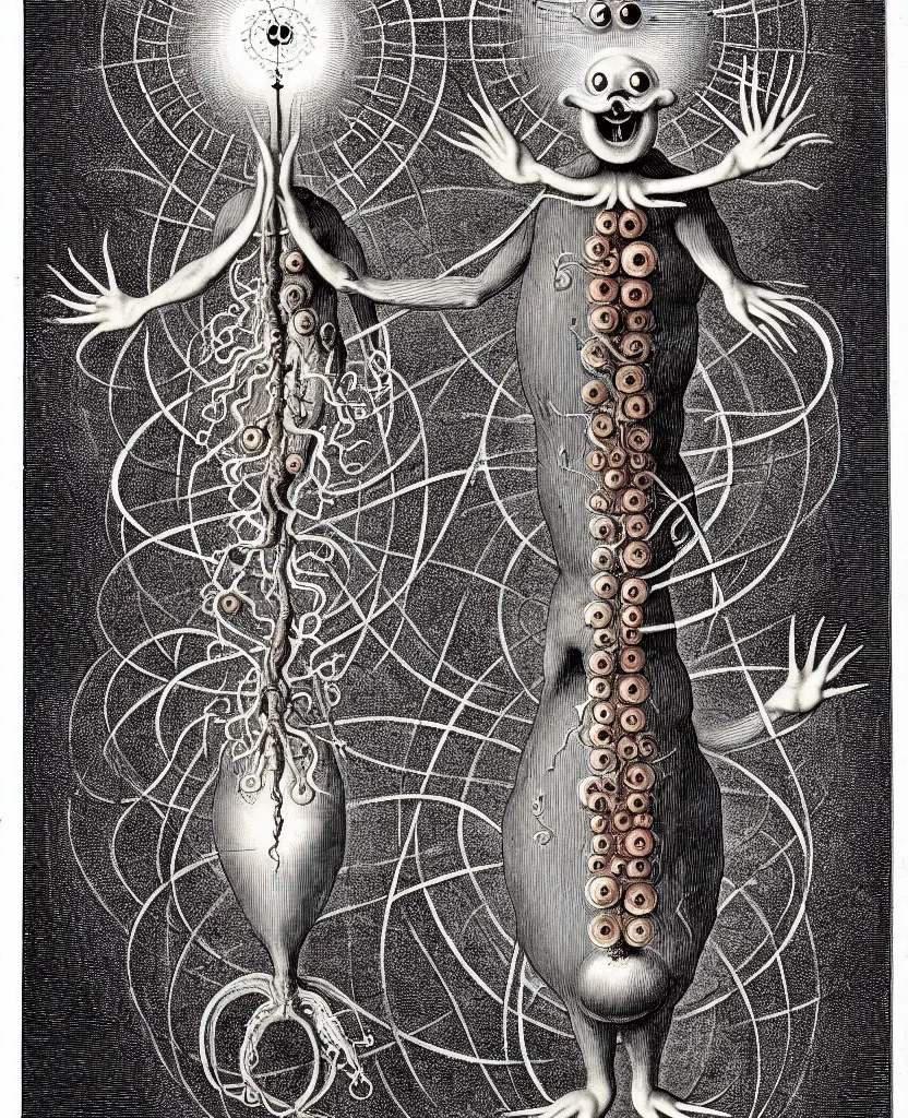 Image similar to whimsical freaky creature sings a unique canto about'as above so below'being ignited by the spirit of haeckel and robert fludd, breakthrough is iminent, glory be to the magic within